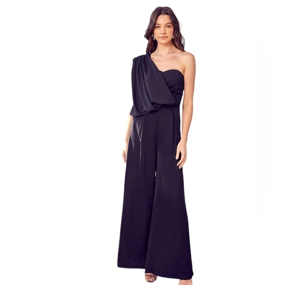 NWT DO+BE BLACK ONE SHOULDER DRAPE WIDE LEG JUMPSUIT